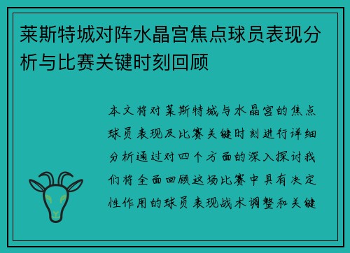 莱斯特城对阵水晶宫焦点球员表现分析与比赛关键时刻回顾