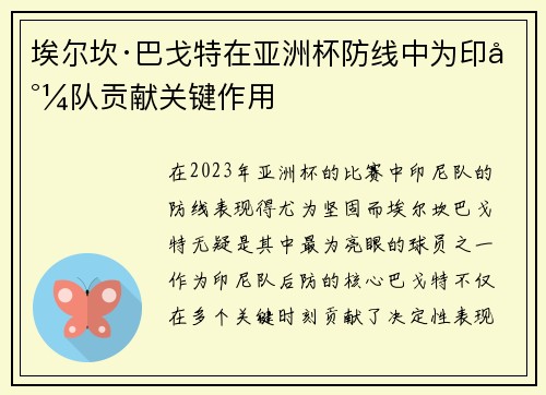 埃尔坎·巴戈特在亚洲杯防线中为印尼队贡献关键作用