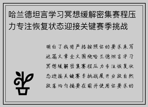 哈兰德坦言学习冥想缓解密集赛程压力专注恢复状态迎接关键赛季挑战