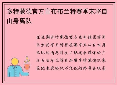 多特蒙德官方宣布布兰特赛季末将自由身离队